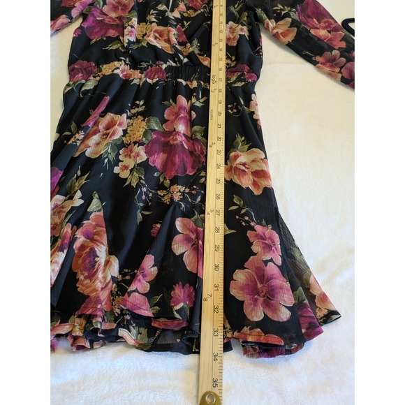 Mi Ami Dress Juniors Medium Boho Black Floral Mini Sheer Chiffon Tiered Garden‎ - Picture 3 of 8